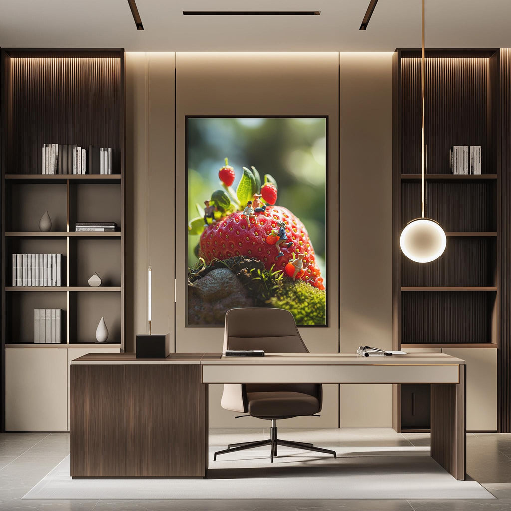 a modern office space with a large framed photograph of a strawberry on the wall. The photograph is the focal point of the room, with a desk and chair positioned in front of it. The office has a minimalist and contemporary design, with a neutral color palette and clean lines.