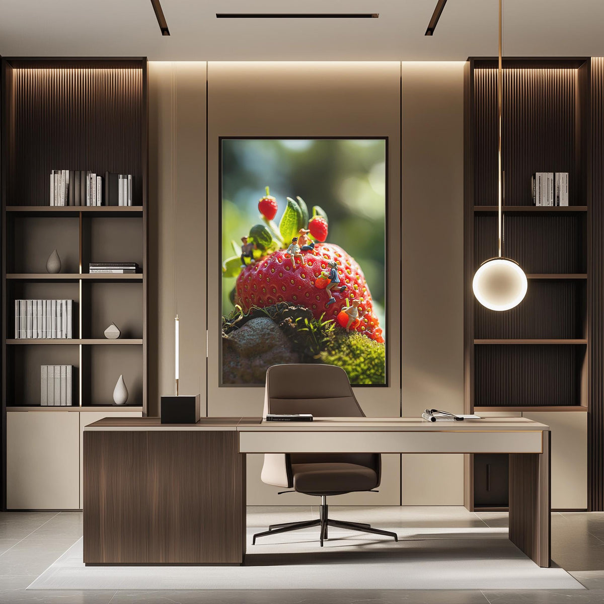 a modern office space with a large framed photograph of a strawberry on the wall. The photograph is the focal point of the room, with a desk and chair positioned in front of it. The office has a minimalist and contemporary design, with a neutral color palette and clean lines.