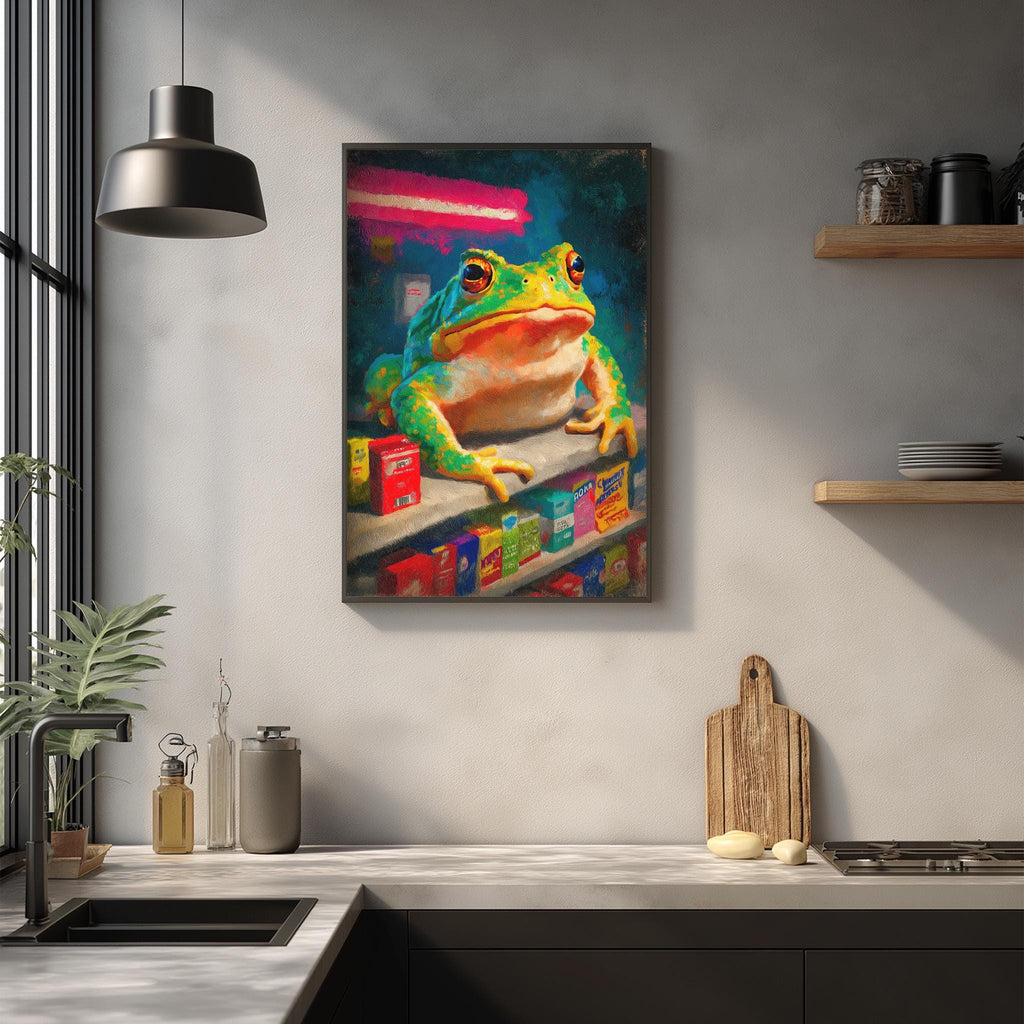 a vibrant painting of a green frog sitting on a shelf, surrounded by various objects such as a bottle, a vase, and a cutting board.