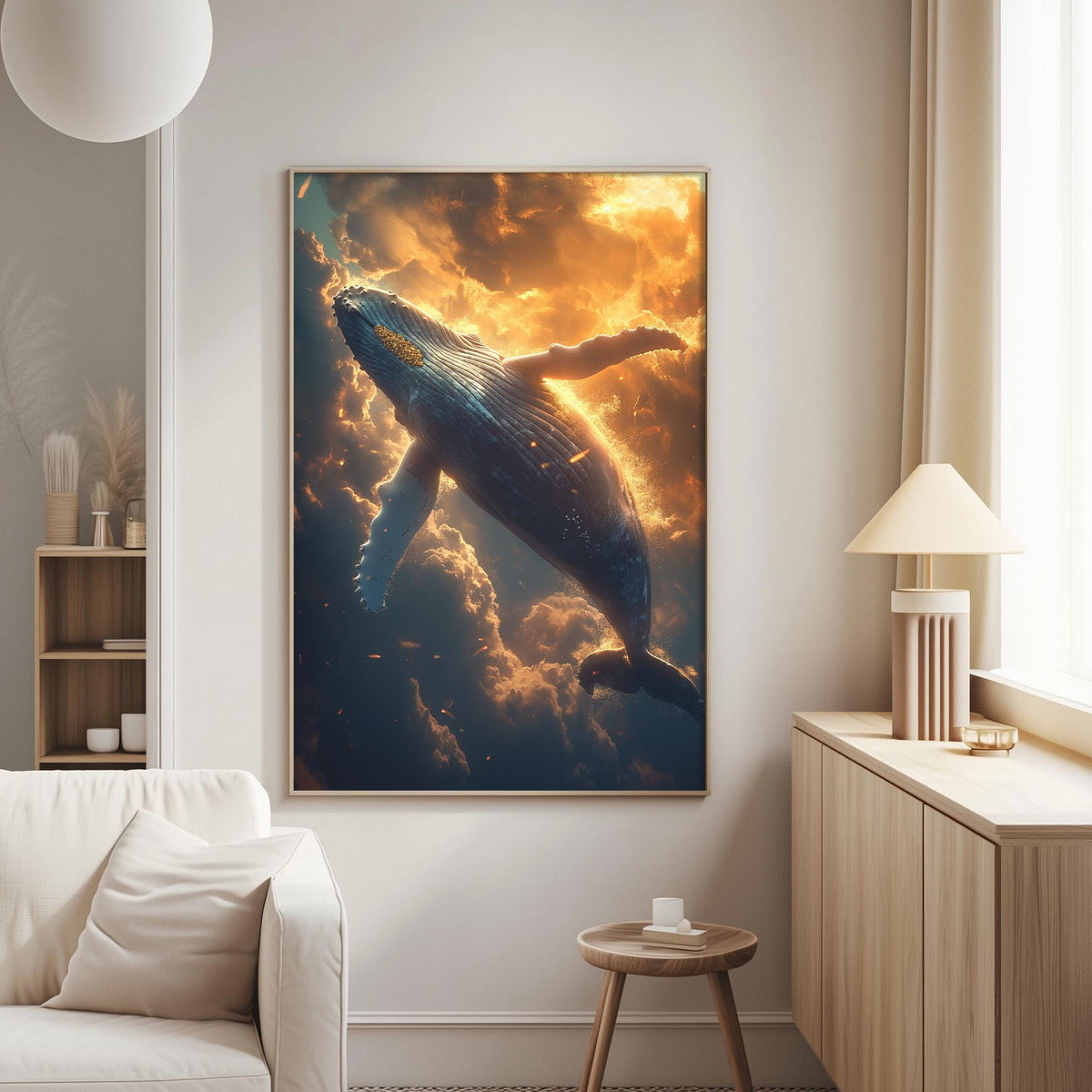 a large framed painting of a whale swimming in the ocean, with a dramatic sky in the background.