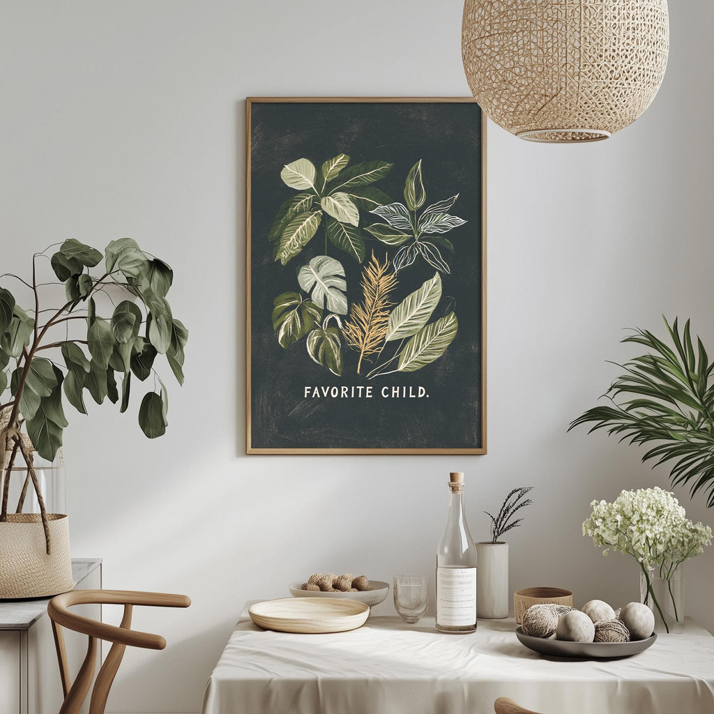 a dining table with a white tablecloth, a bowl of fruit, a bottle, and a vase with flowers. Above the table, there is a framed print with the text "Favored Child" on it.
