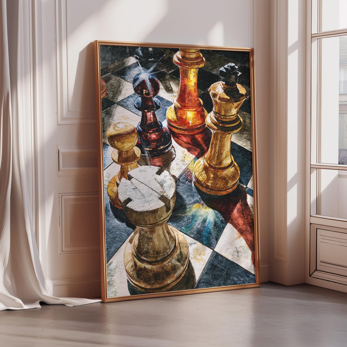 a large framed painting of chess pieces, including a king, queen, and other chess pieces, arranged on a chessboard.