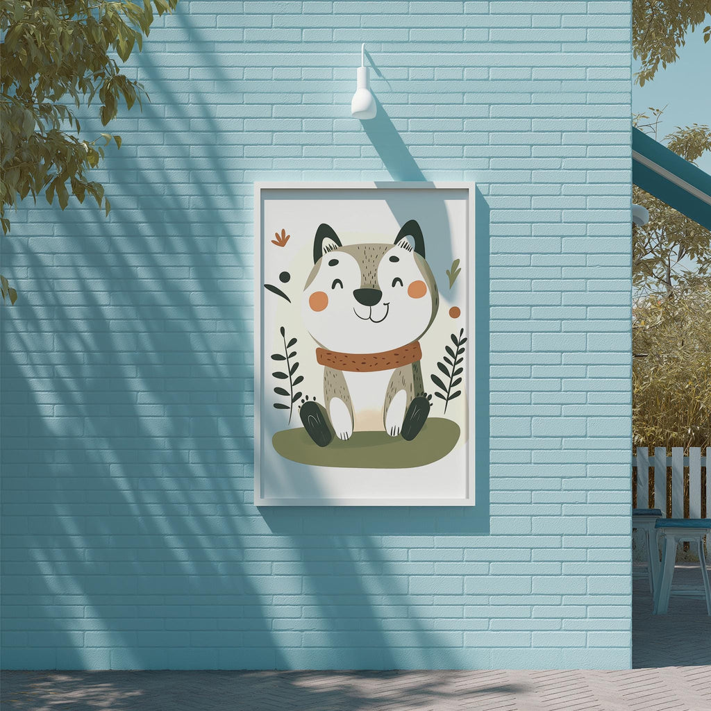 A framed illustration of a smiling cat is displayed on a light blue wall, with a white light fixture above it.