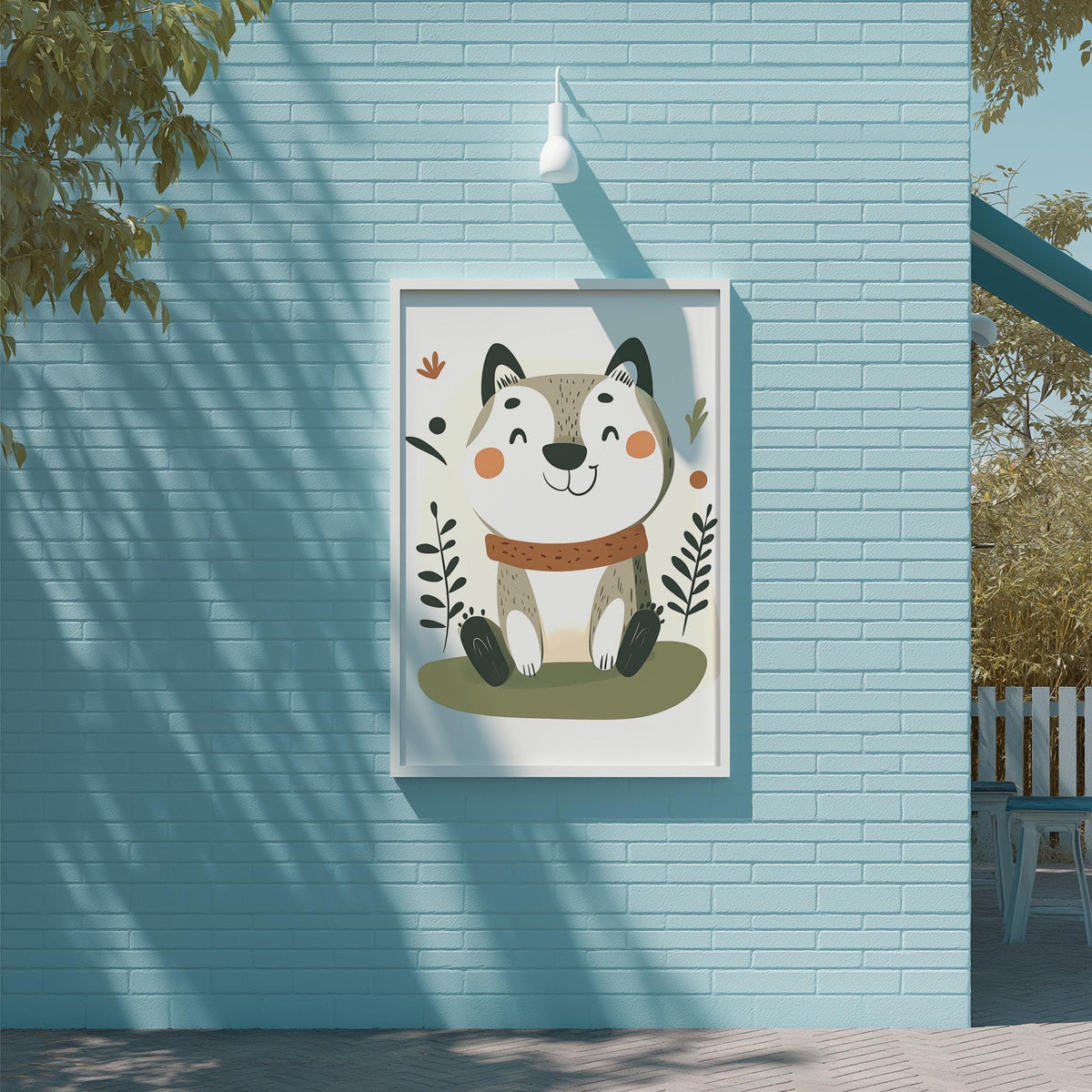 A framed illustration of a smiling cat is displayed on a light blue wall, with a white light fixture above it.