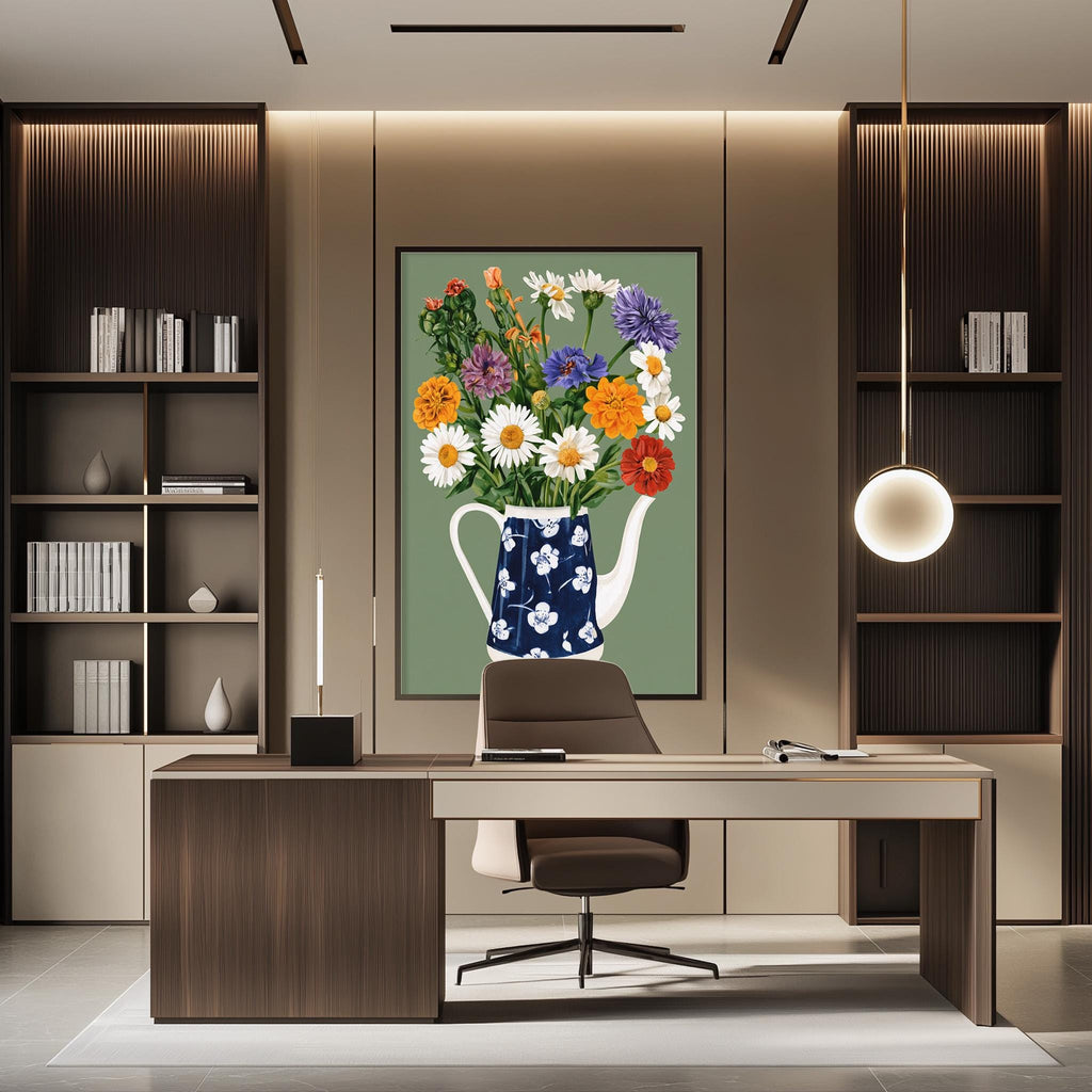 a modern office space with a large painting of a vase filled with colorful flowers on the wall. The office features a wooden desk, a comfortable chair, and a bookshelf filled with books. The overall design and decor create a pleasant and inviting atmosphere.