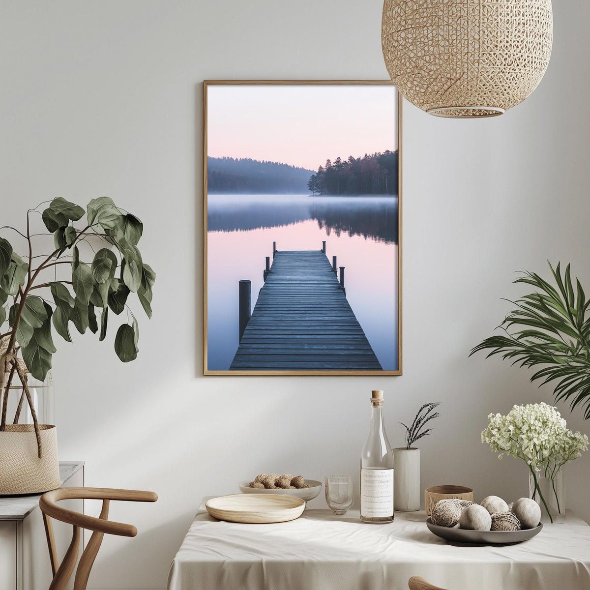 a serene scene of a wooden dock extending into a calm lake, with a warm, pinkish-orange sky in the background. The dock appears to be a wooden pier, leading to a tranquil body of water. The image is framed and hung on a wall, creating a focal point in the room. The table is set with various items, including a bottle, a bowl, and a vase, suggesting a dining or relaxation area.