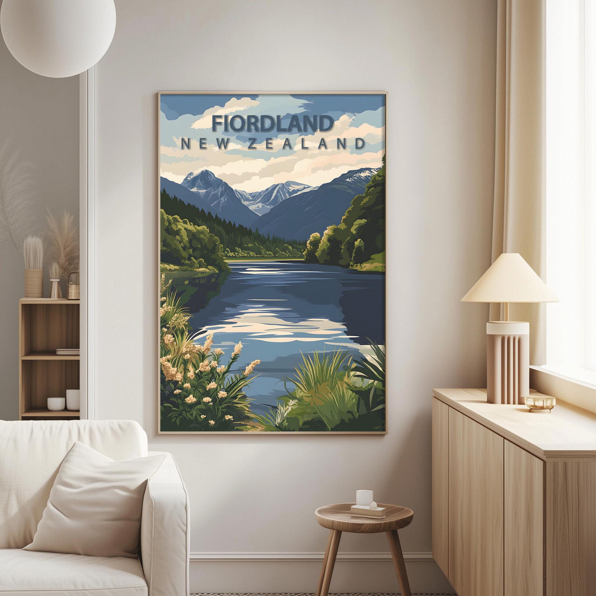 a poster of a scenic landscape with mountains, a lake, and lush vegetation, hanging on a wall in a living room.