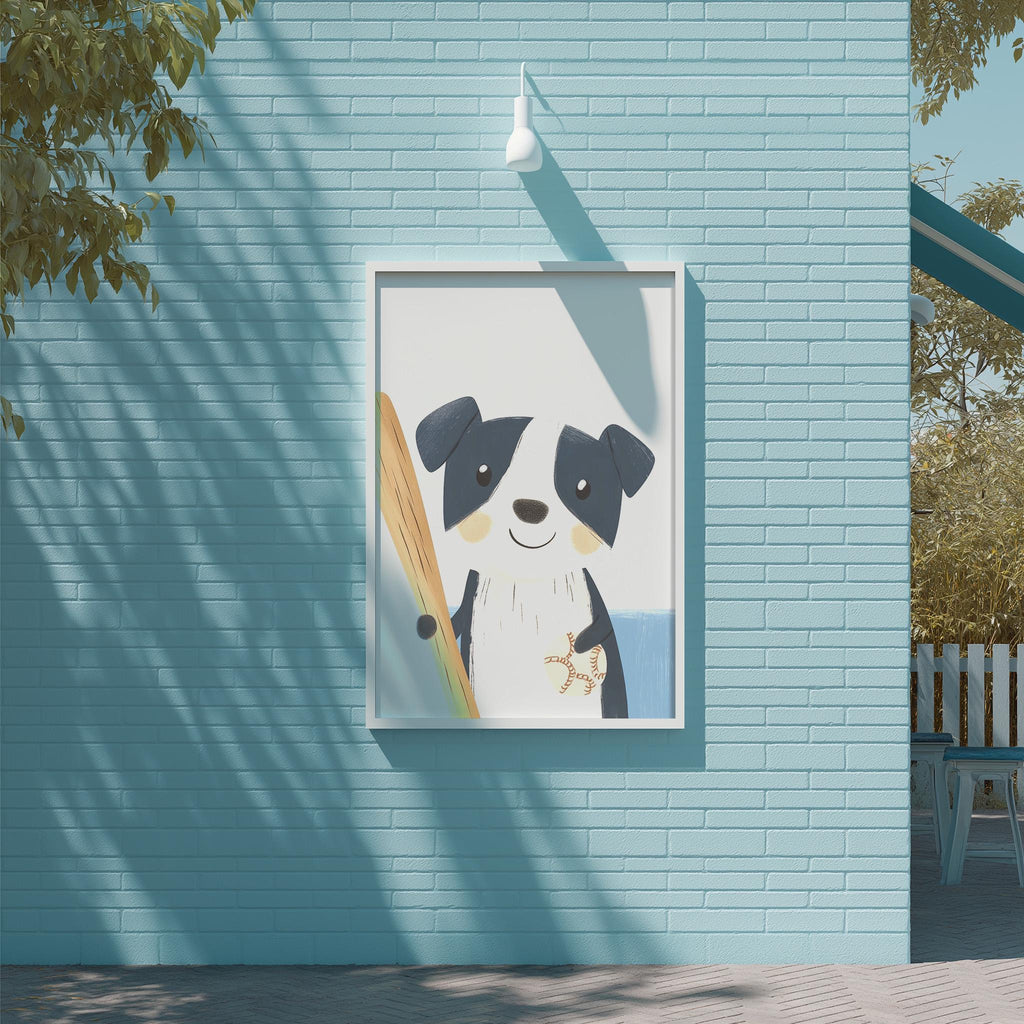 A framed illustration of a dog holding a surfboard is displayed on a light blue brick wall.