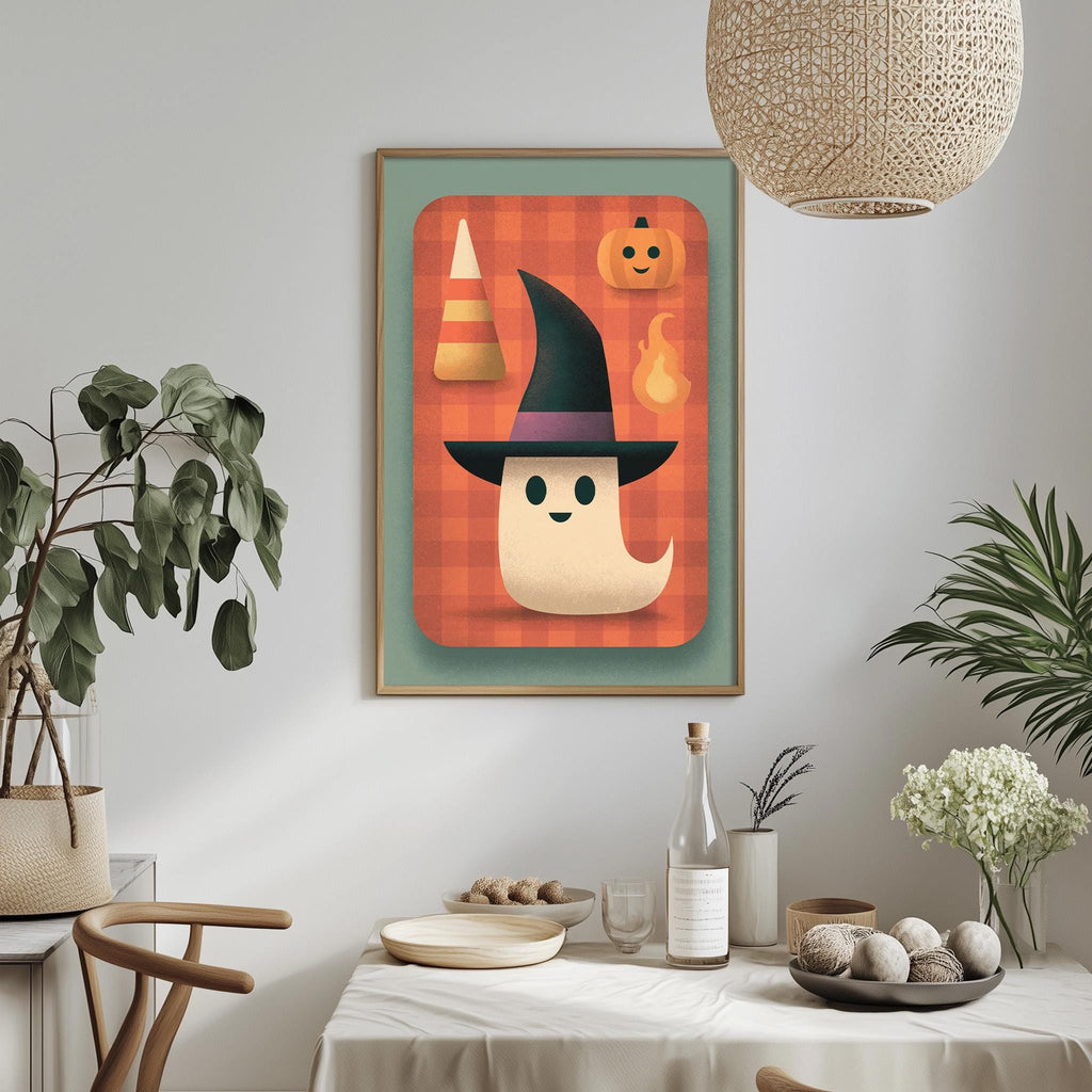 a Halloween-themed poster with a witch, a pumpkin, and a cone, hanging on a wall above a table with a white tablecloth.