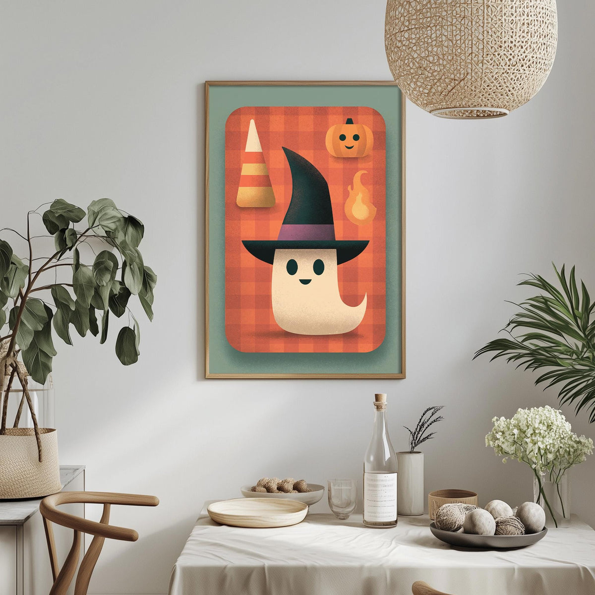 a Halloween-themed poster with a witch, a pumpkin, and a cone, hanging on a wall above a table with a white tablecloth.