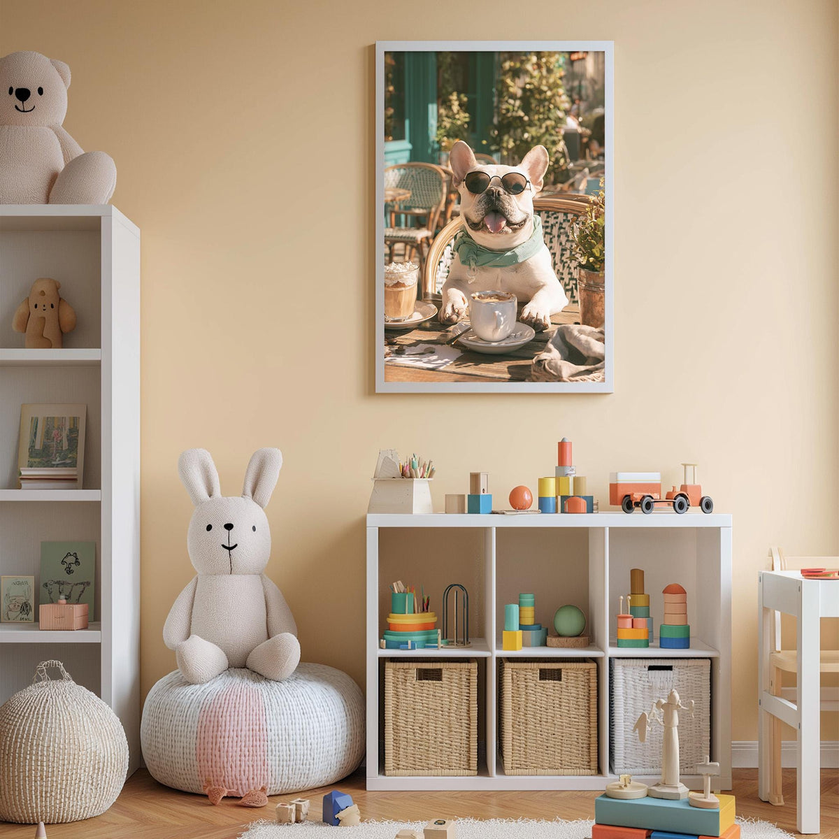 A cozy children's room with a large stuffed bunny, a framed picture of a dog, and a toy shelf filled with various toys.