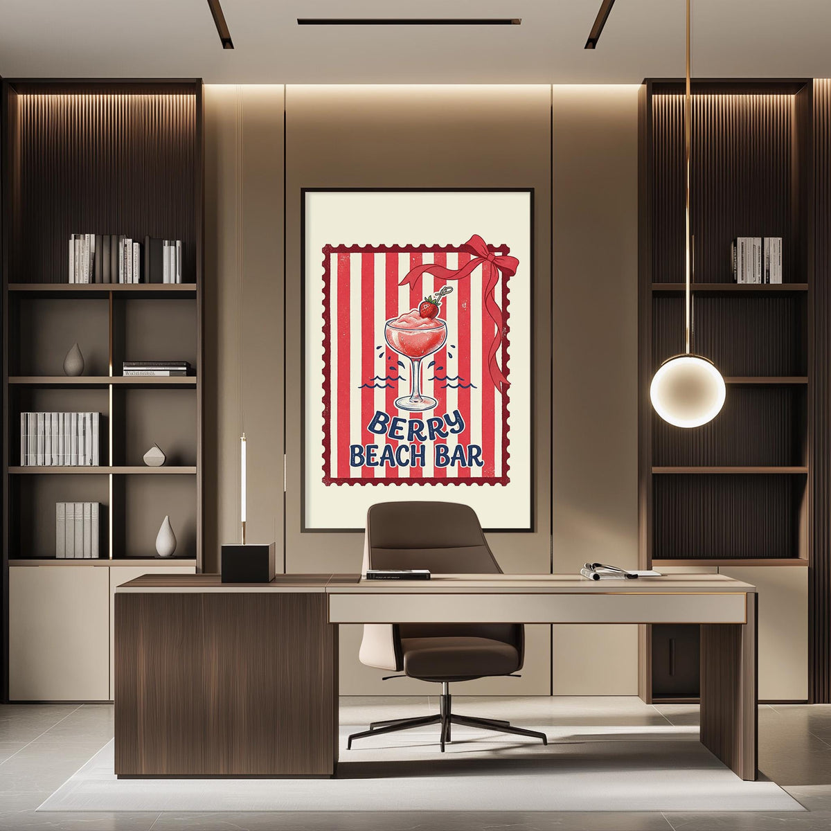 a modern office space with a desk, chair, and bookshelves. A framed poster of a cocktail glass with a red ribbon and the text "BERRY BEACH BAR" is displayed on the wall above the desk.
