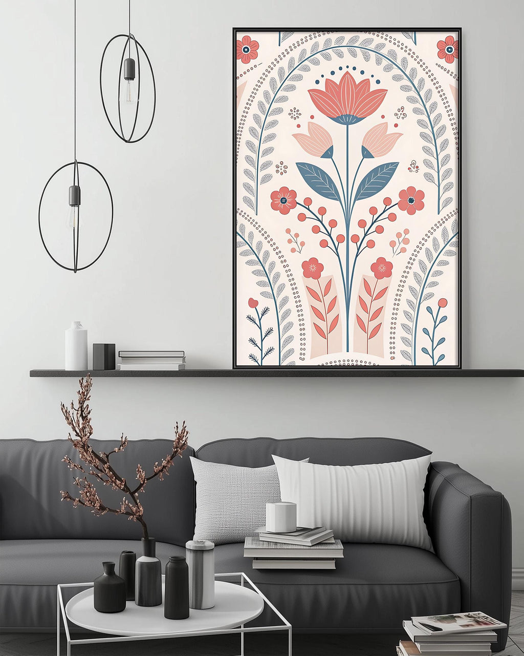 a modern living room with a gray sofa, a coffee table, and a large floral print hanging on the wall above the sofa.