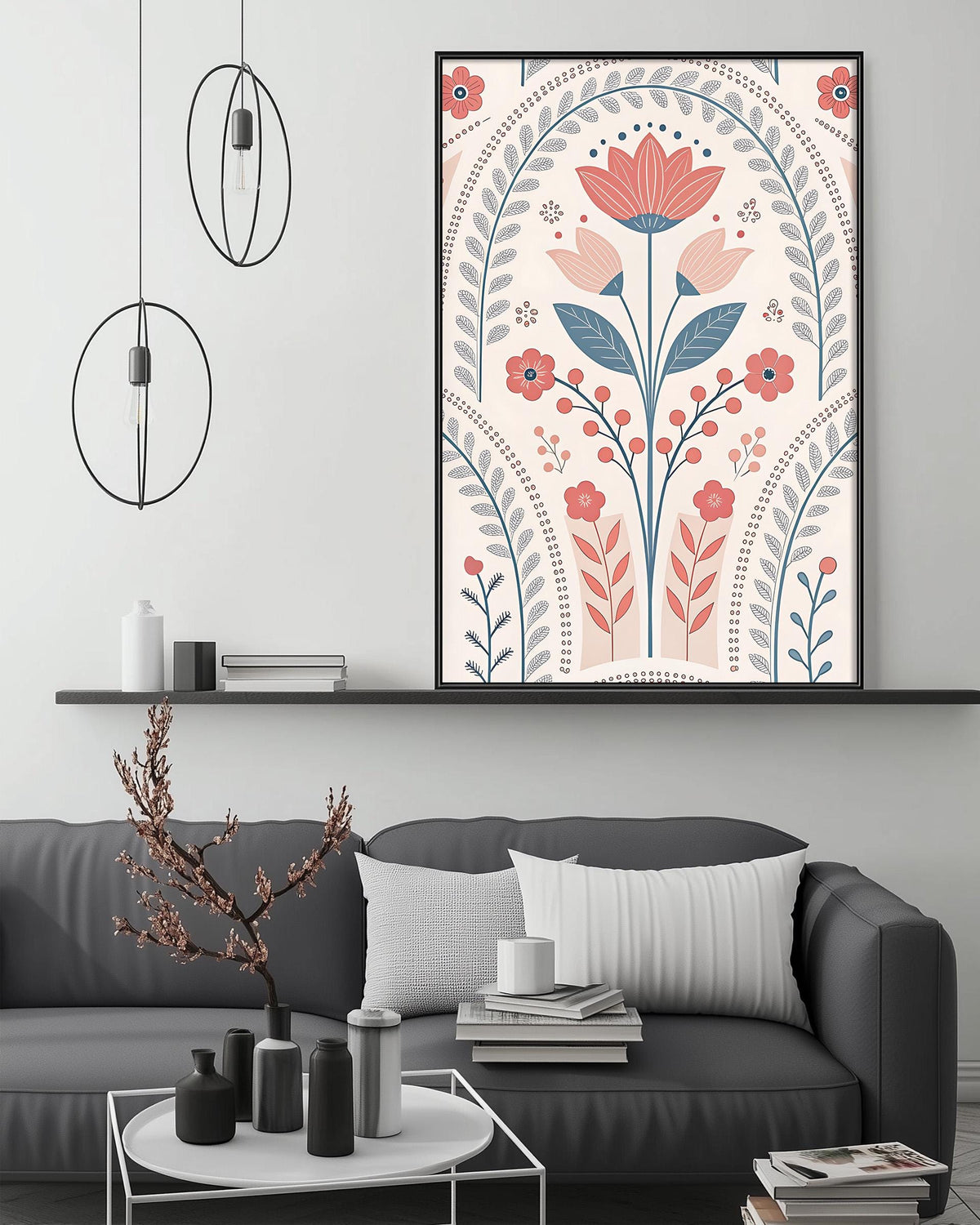 a modern living room with a gray sofa, a coffee table, and a large floral print hanging on the wall above the sofa.