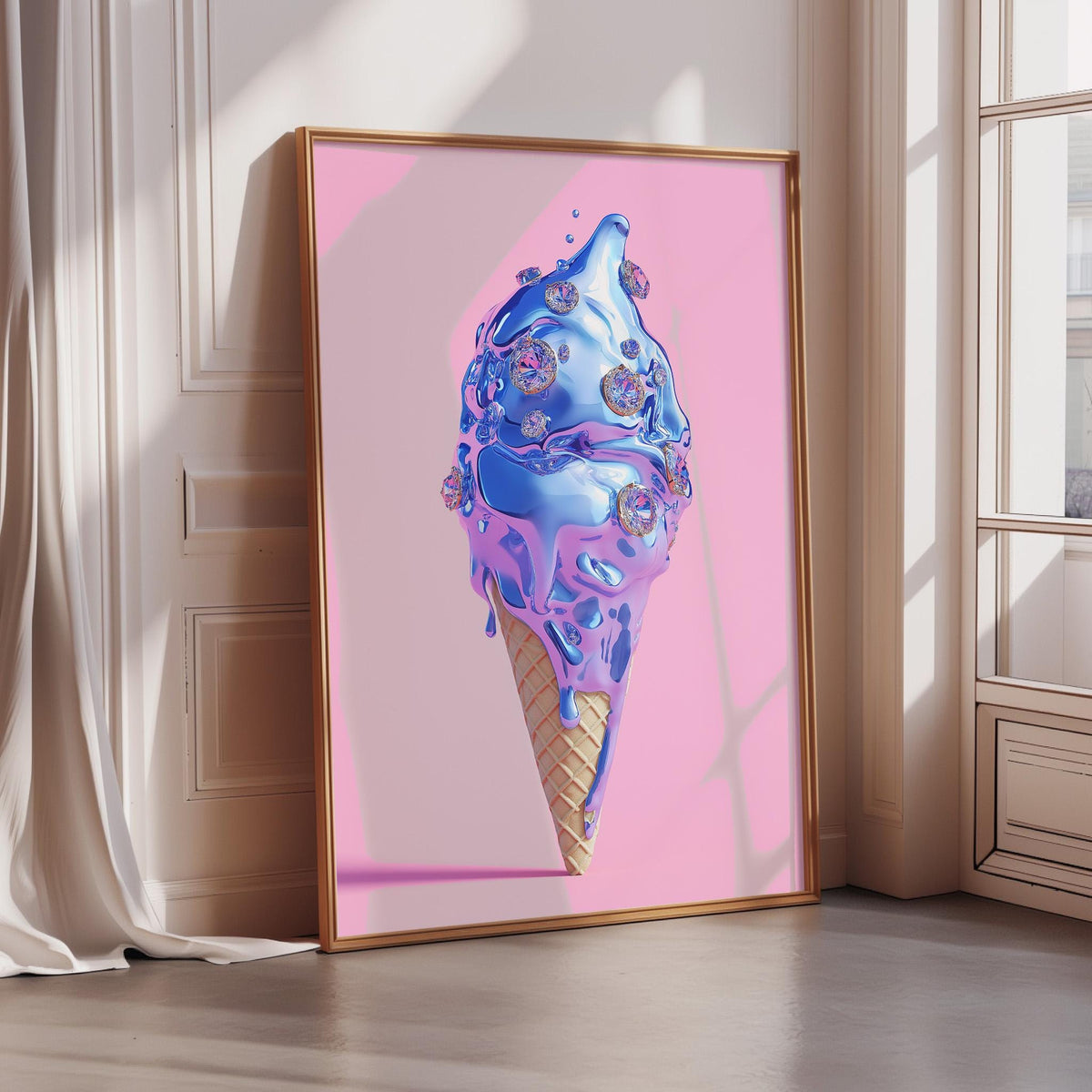 A framed image depicting a colorful, abstract ice cream cone with a dripping, melting texture.