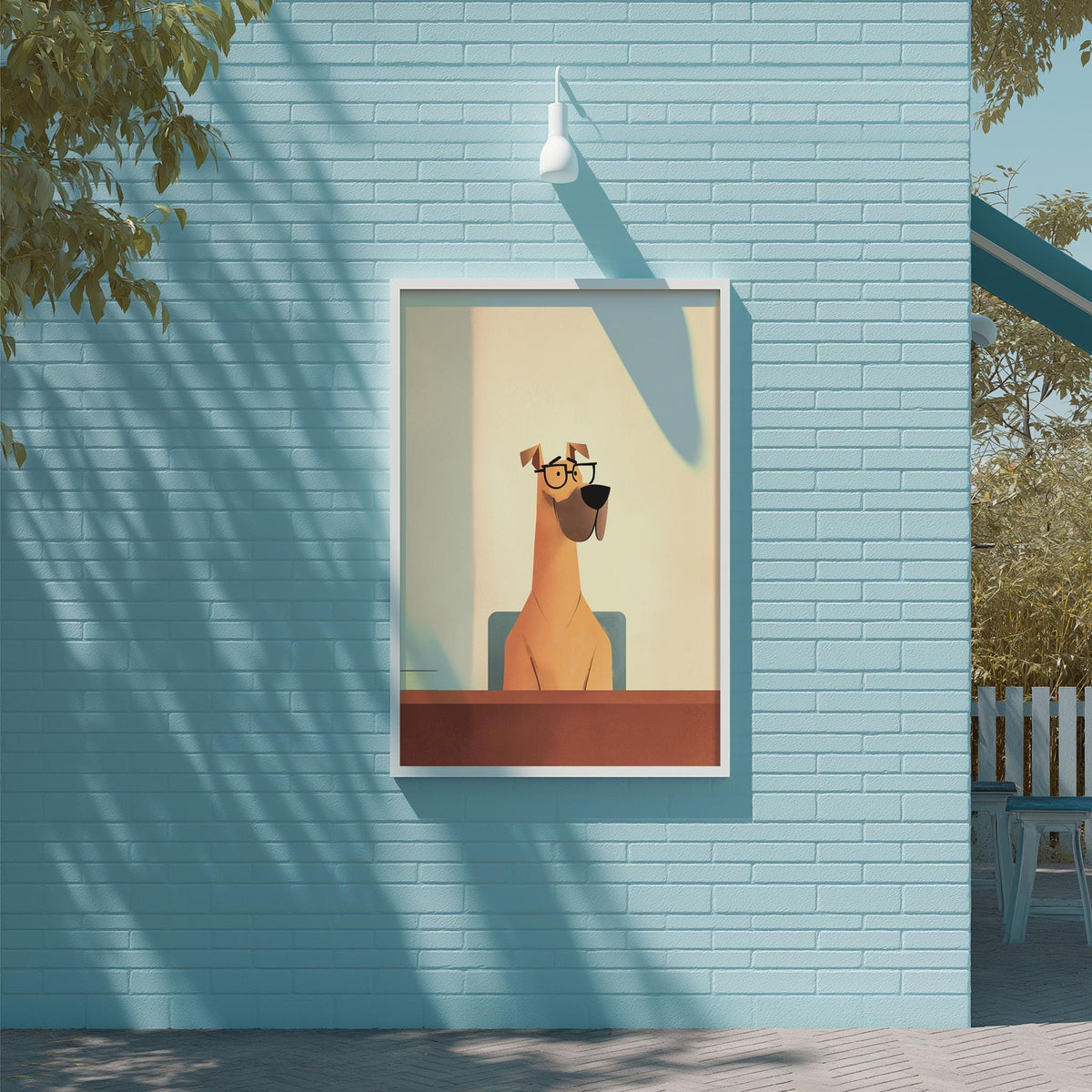 a cartoon dog wearing glasses, sitting on a bench and looking directly at the camera.