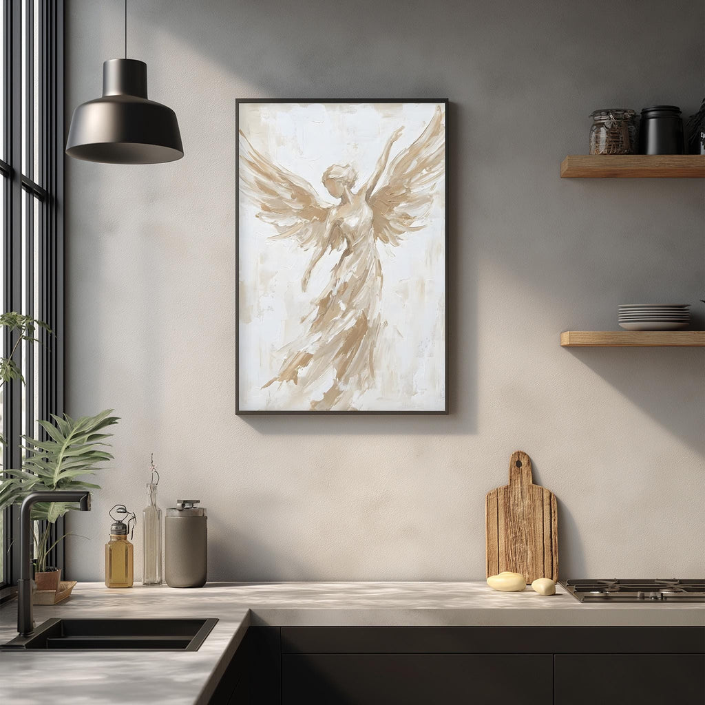 a kitchen counter with various items, including a framed painting of an angel, a wooden cutting board, and a potted plant.