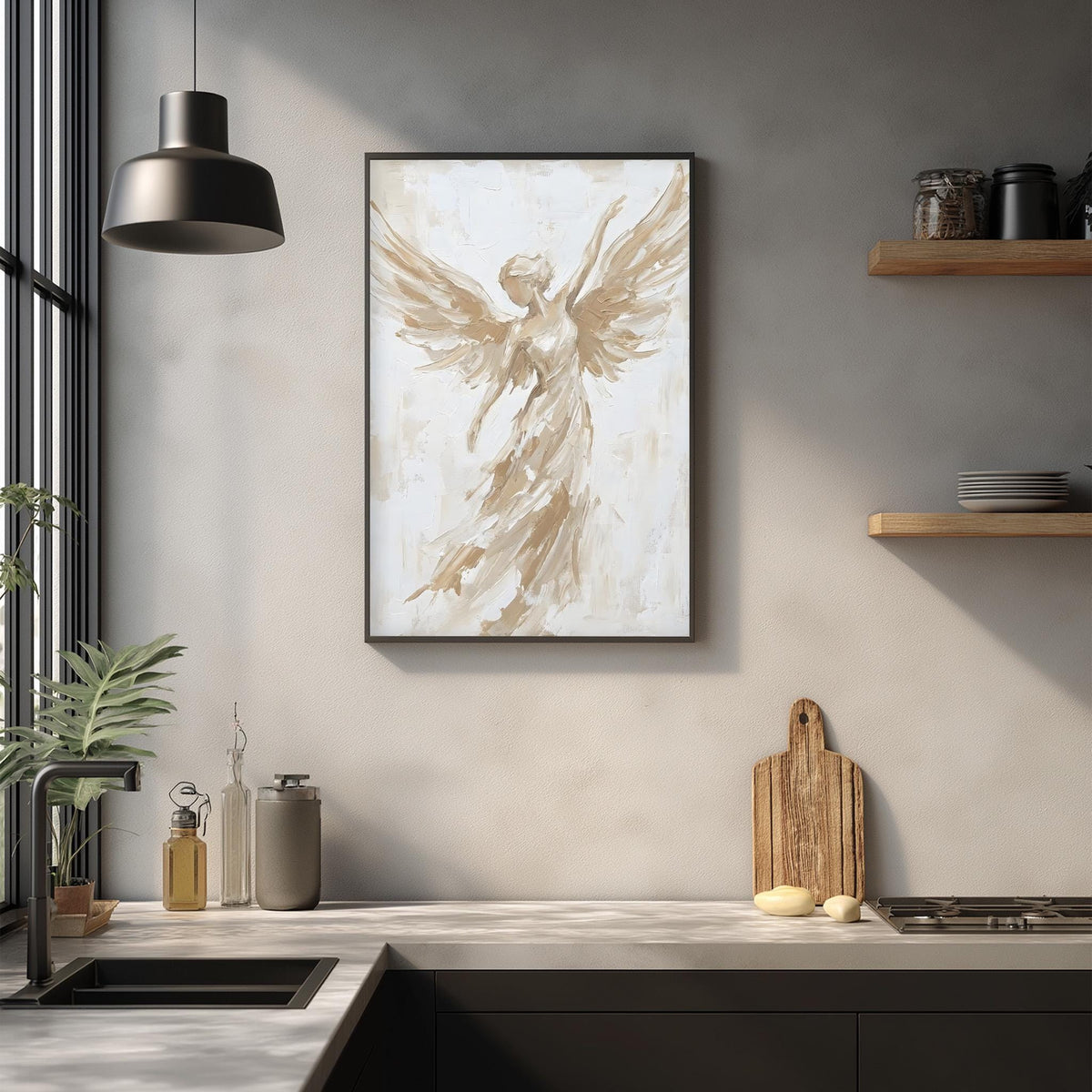 a kitchen counter with various items, including a framed painting of an angel, a wooden cutting board, and a potted plant.