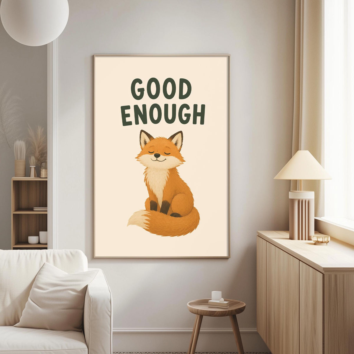 a poster of a cartoon fox with the text "GOOD ENOUGH" on it, hanging on a wall in a living room.