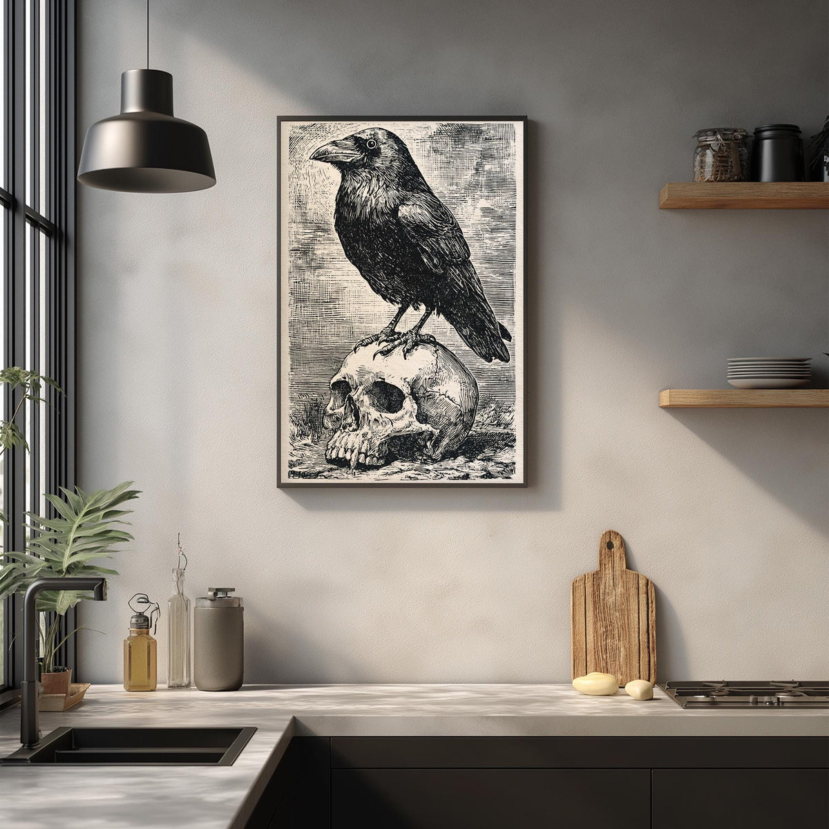a framed illustration of a crow perched on a skull, which is mounted on a wall above a kitchen counter.