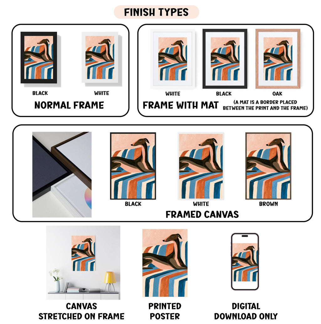 various finish types for artwork, including canvas, framed canvas, stretched canvas, printed poster, and digital download only.