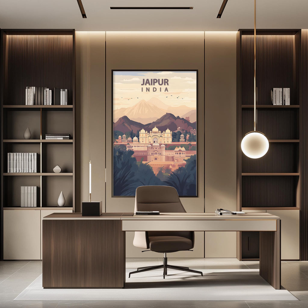 a modern office space with a large poster of the city of Jaipur, India, hanging on the wall. The poster depicts the city's landmarks and architecture, creating a visually appealing focal point in the room. The office has a sleek and minimalist design, with a desk, chair, and shelving units providing a functional workspace.
