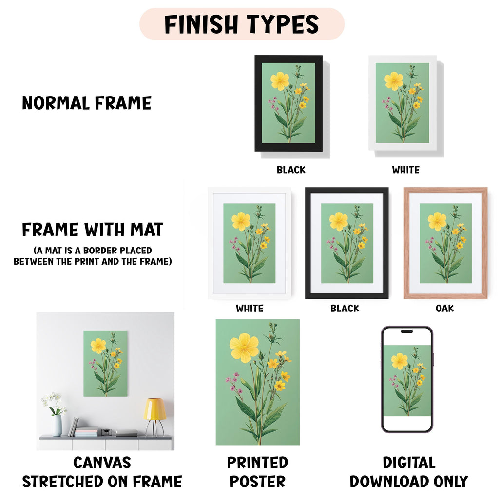 various finish types for artwork, including a normal frame, a frame with a mat, a white frame, a black frame, an oak frame, a white canvas stretched on a frame, a printed poster, and a digital download only.