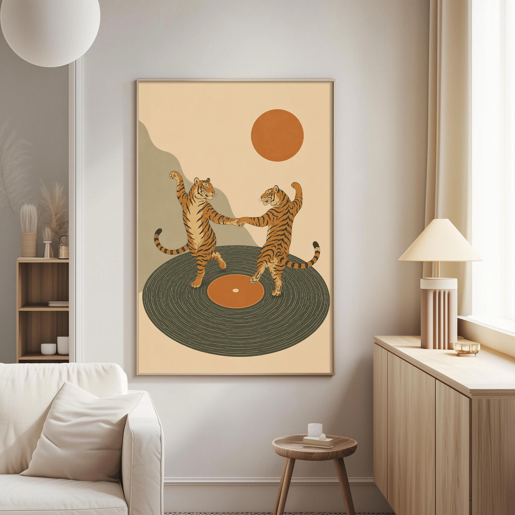 two tigers dancing on a record player, with a sun and a mountain in the background.