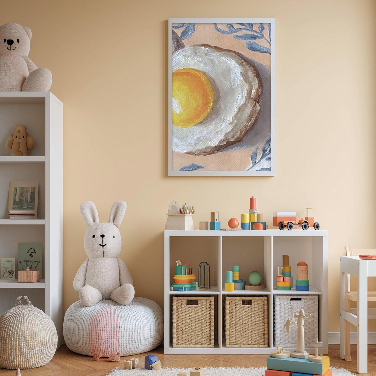 A cozy children's room with a white bookshelf, a plush rabbit, and a colorful toy box filled with toys. A framed artwork of an egg is hanging on the wall above the toy box.
