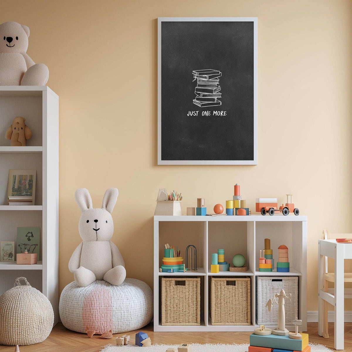 A cozy children's room with a white bookshelf, a plush rabbit, and a chalkboard with the phrase "Just one more" written on it.