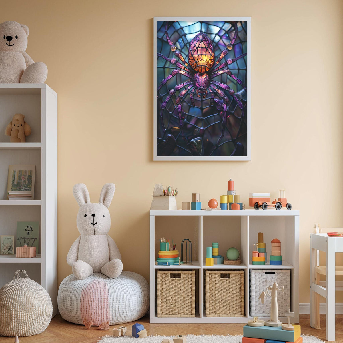 A child's bedroom with a large stuffed rabbit, a bookshelf, and a colorful painting of a spider on the wall.