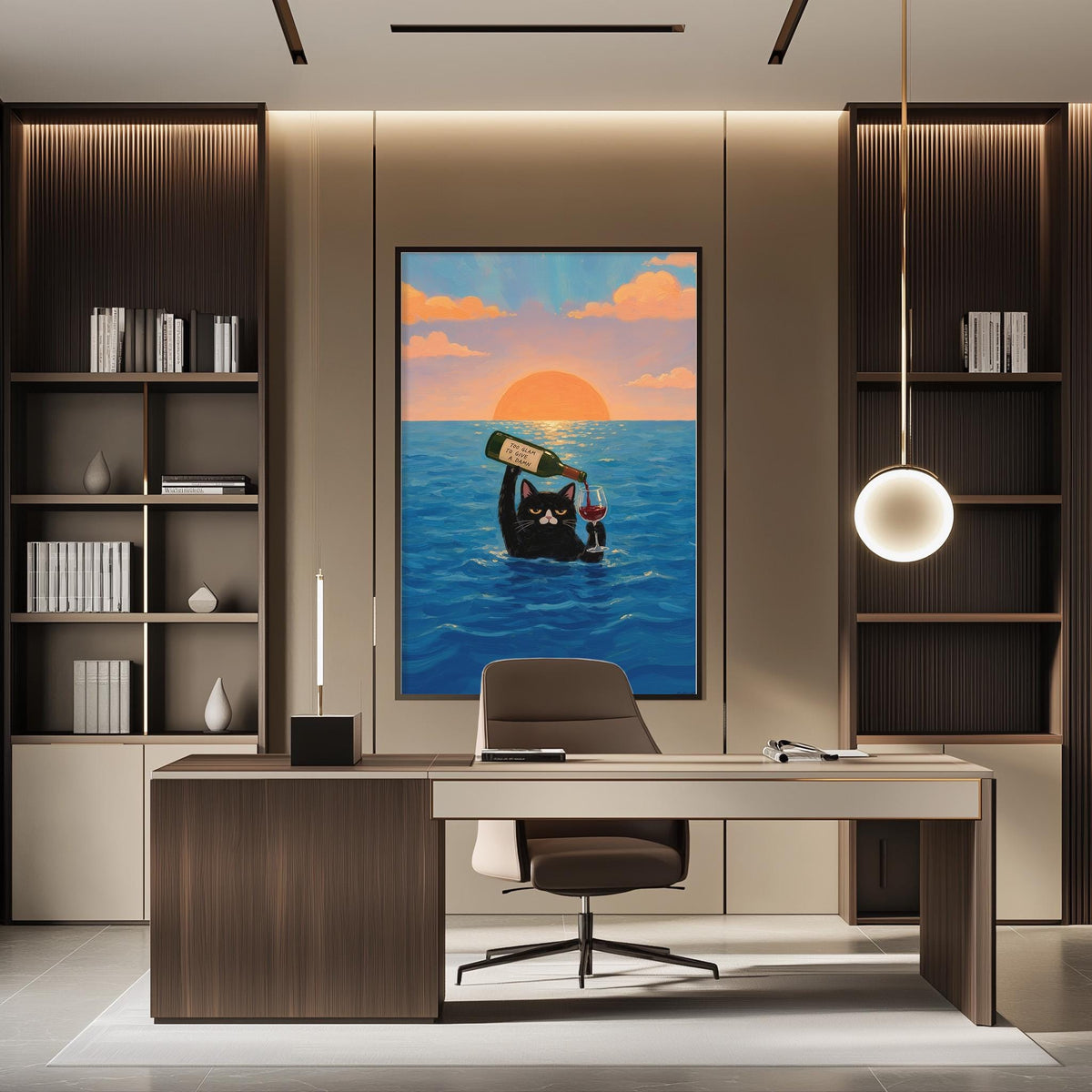 a modern office space with a large painting of a cat holding a wine glass and a bottle of wine on a desk, surrounded by bookshelves and a desk lamp.