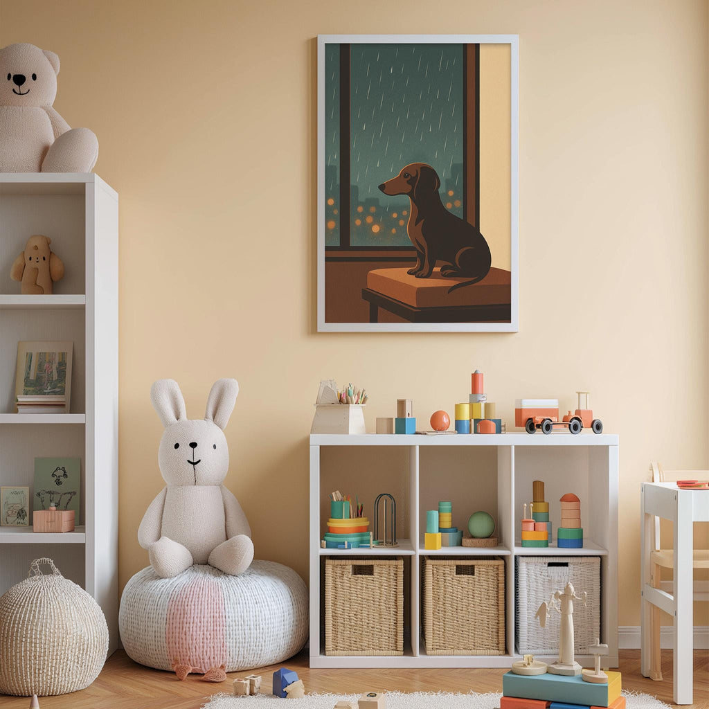 A cozy children's room with a white bookshelf, a stuffed rabbit, a toy train, and a framed painting of a dog looking out a window.