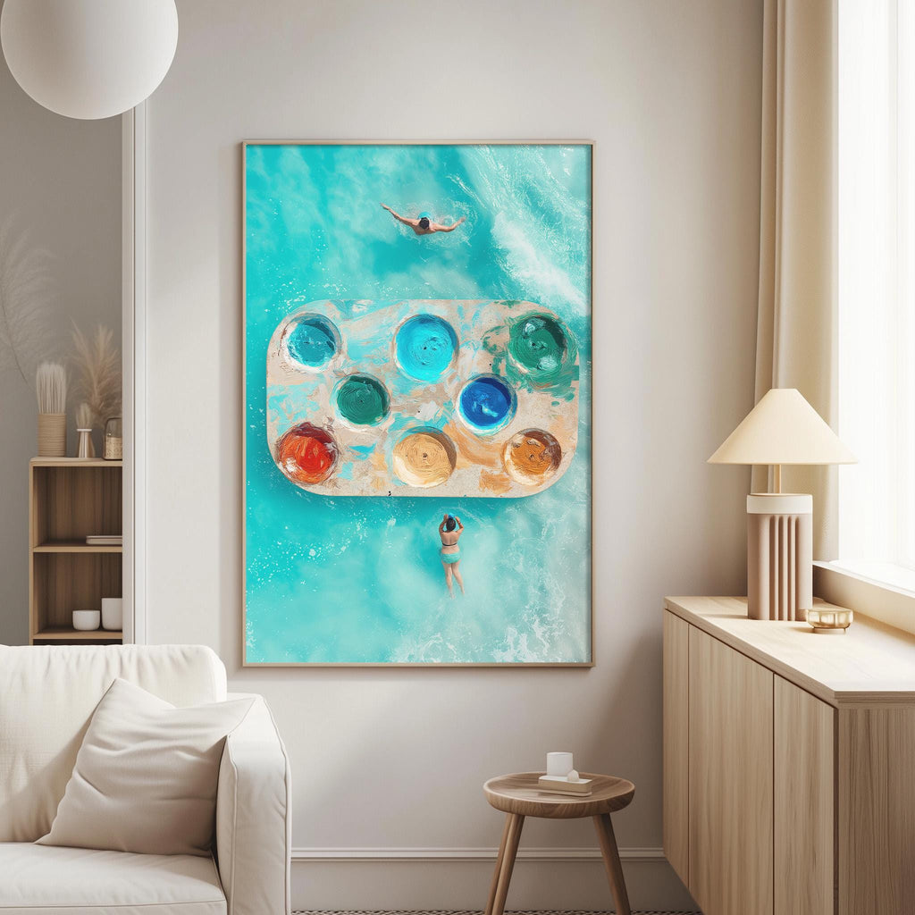a large, colorful painting of a person swimming in a pool, with a variety of paint colors on the pool floats.