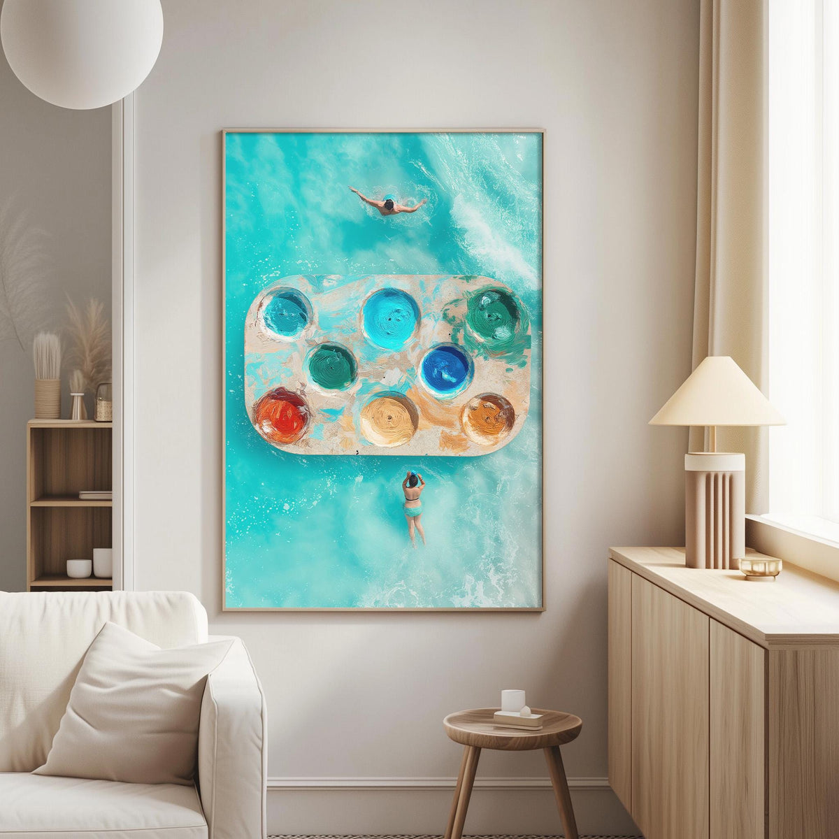 a large, colorful painting of a person swimming in a pool, with a variety of paint colors on the pool floats.