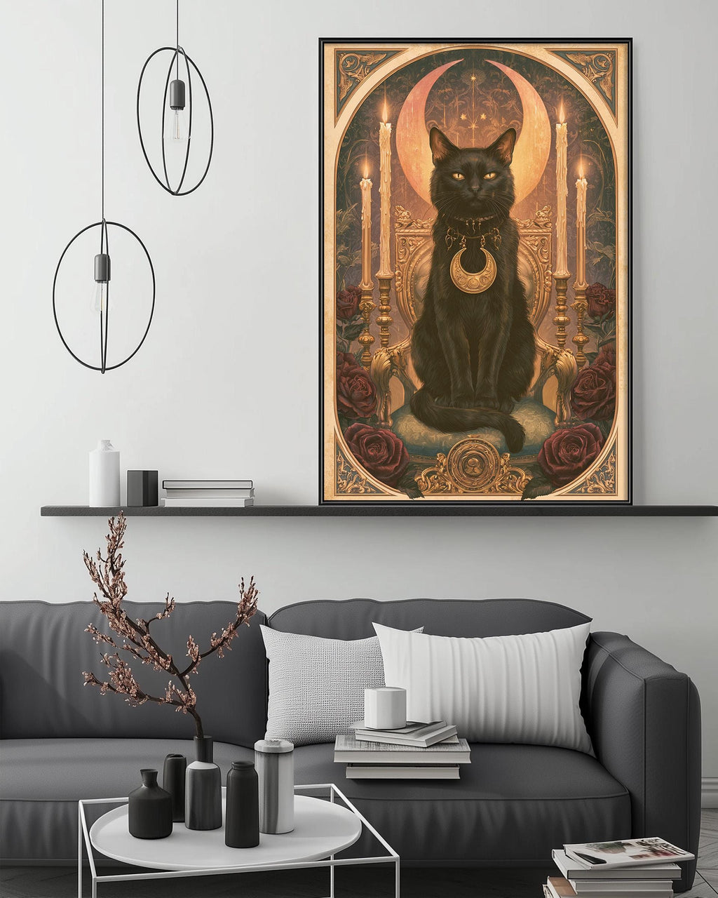 a large, ornate painting of a black cat sitting on a throne, surrounded by various symbols and elements, such as a crescent moon, candles, and flowers, all set against a dark background.