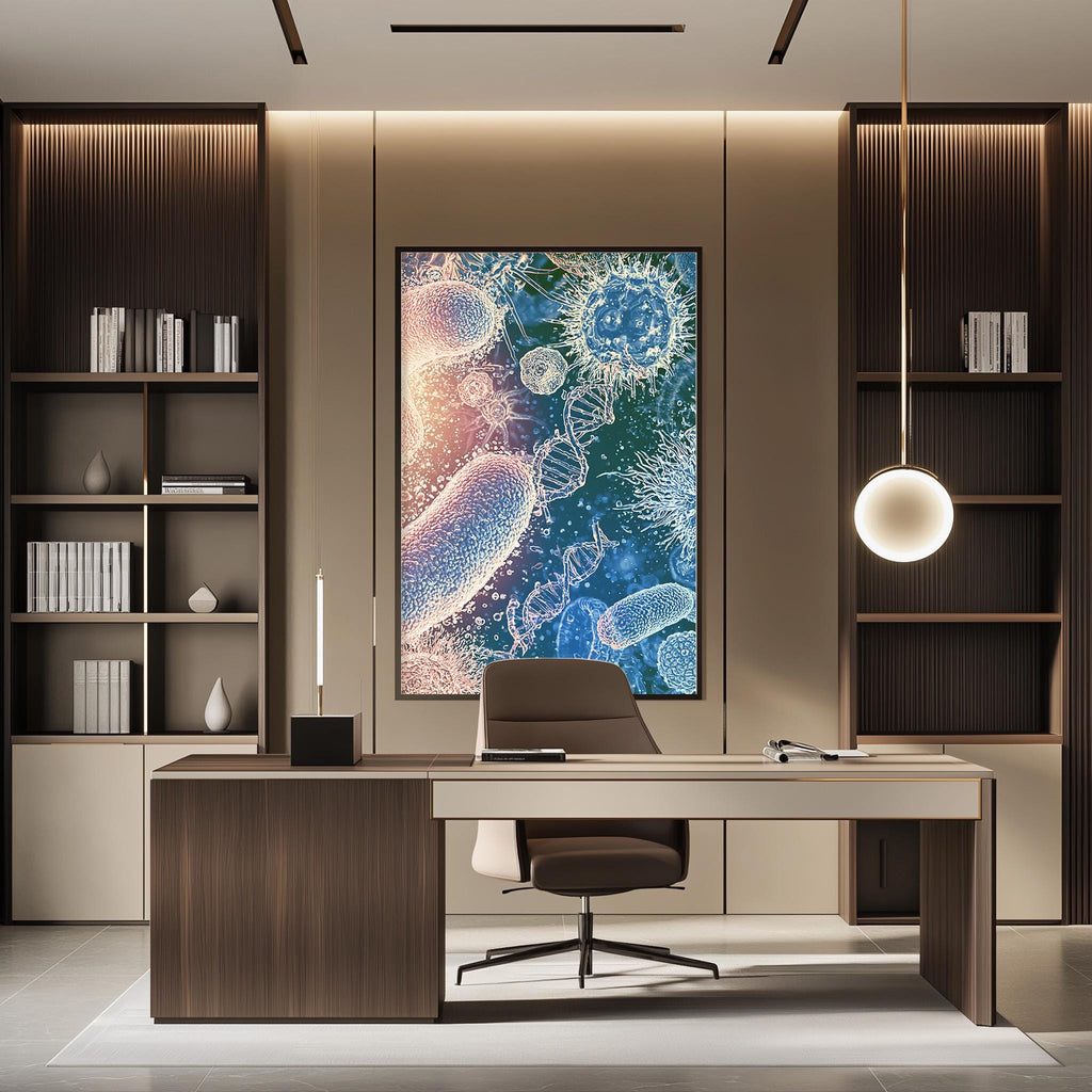 a modern and well-lit office space with a large framed artwork depicting colorful bacteria on the wall. The office has a wooden desk, a comfortable-looking chair, and a pendant light above the desk. The overall design and decor create a professional and visually appealing workspace.