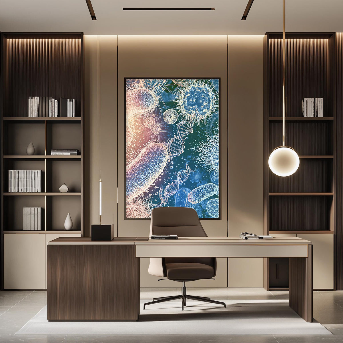 a modern and well-lit office space with a large framed artwork depicting colorful bacteria on the wall. The office has a wooden desk, a comfortable-looking chair, and a pendant light above the desk. The overall design and decor create a professional and visually appealing workspace.