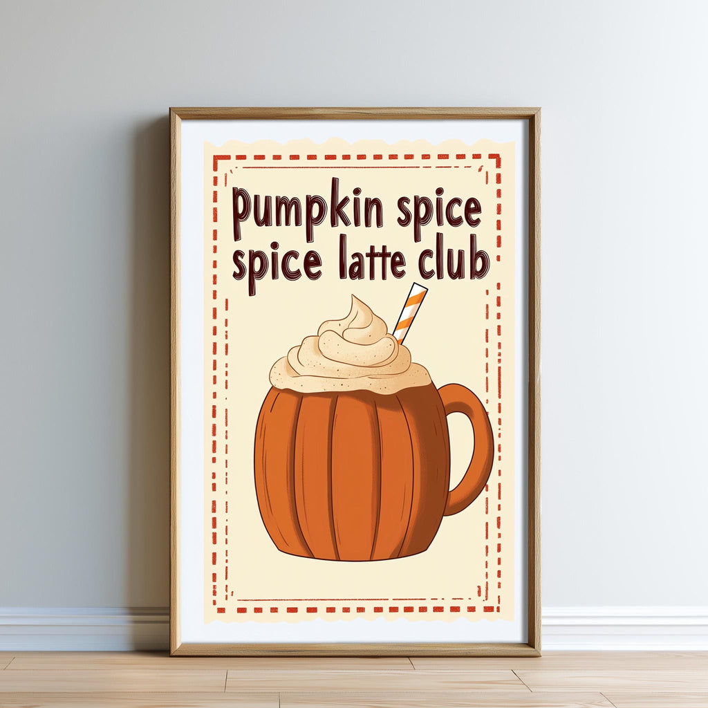 A framed poster with an illustration of a pumpkin spice latte with whipped cream and a straw.