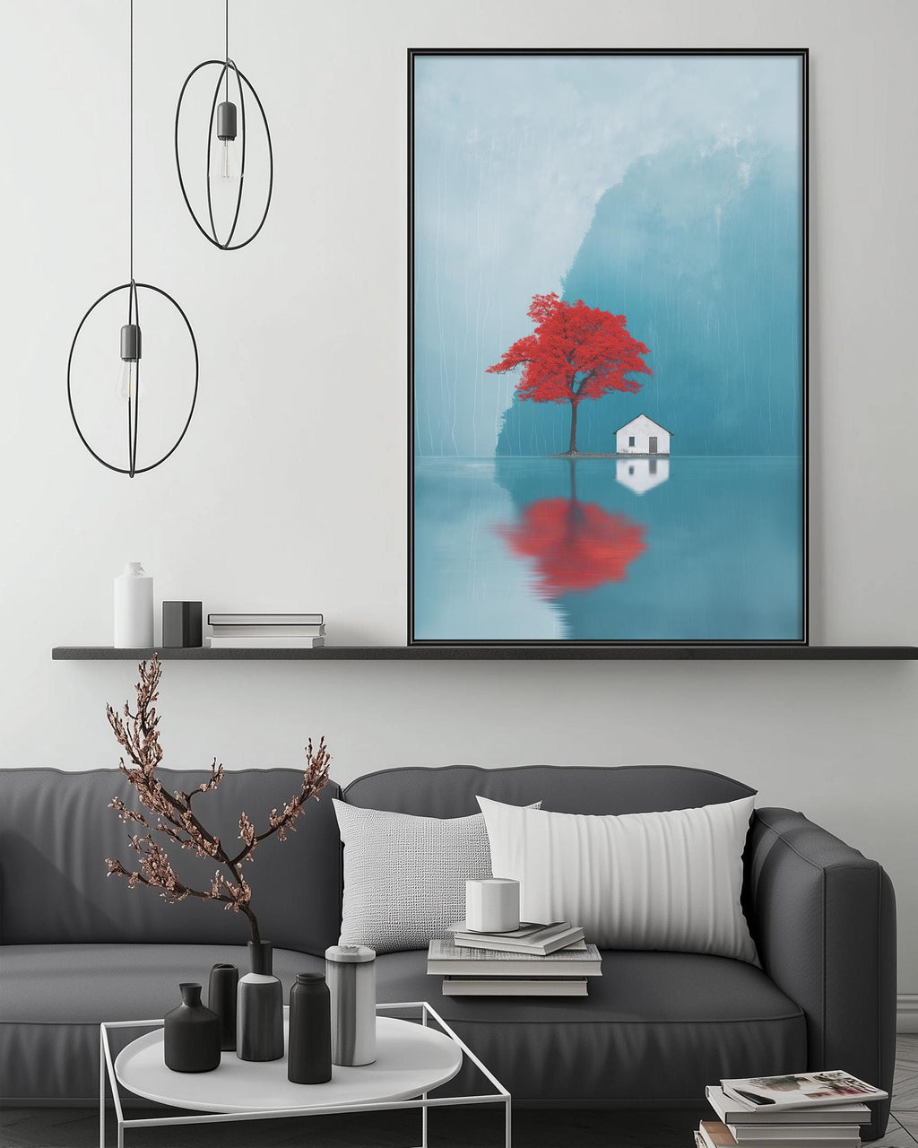 a modern living room with a gray sofa, a coffee table, and a large framed painting of a red tree reflected in a body of water. The painting is hanging above a shelf with various decorative items.