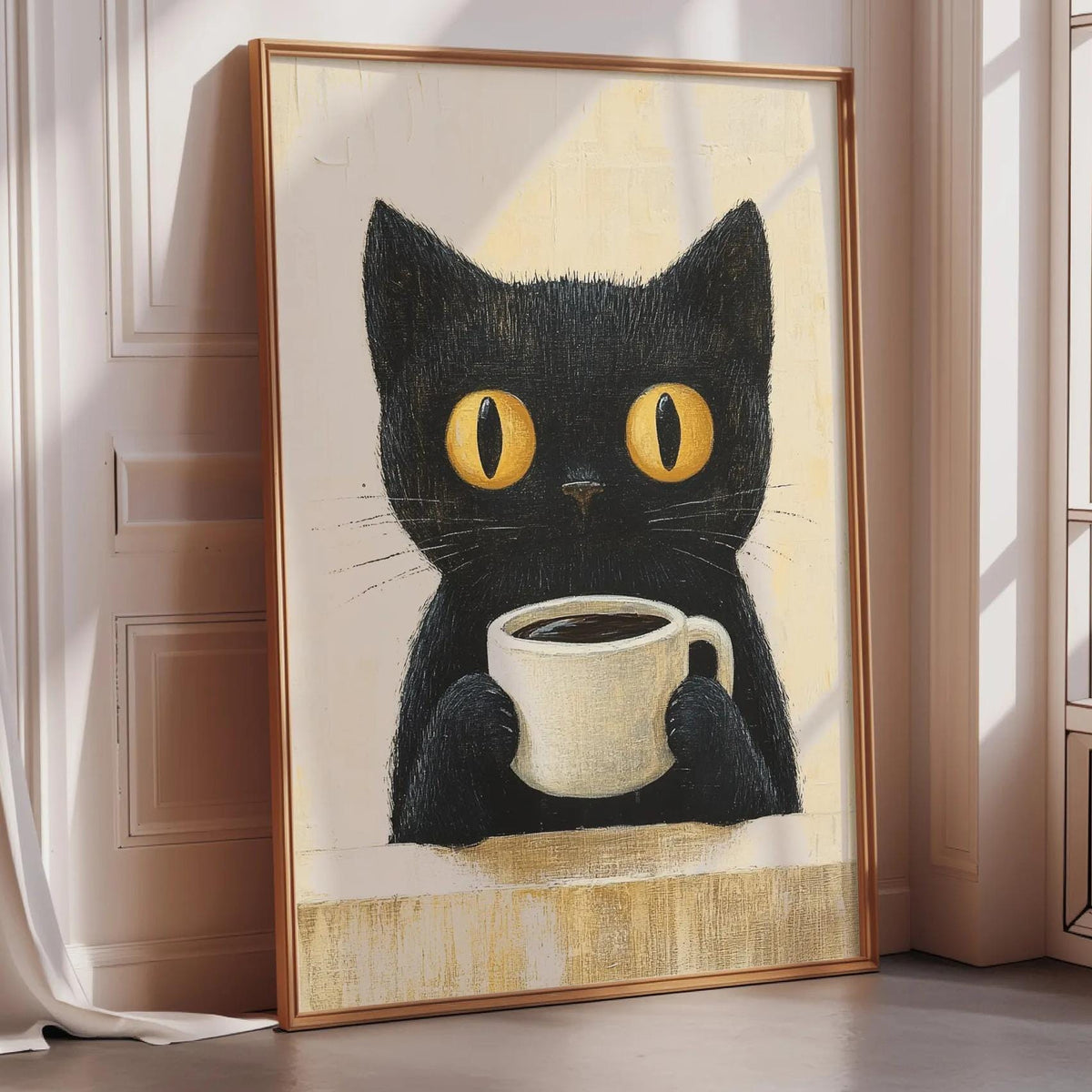 A framed painting of a black cat holding a cup of coffee, with a yellow cat eye design on its face.