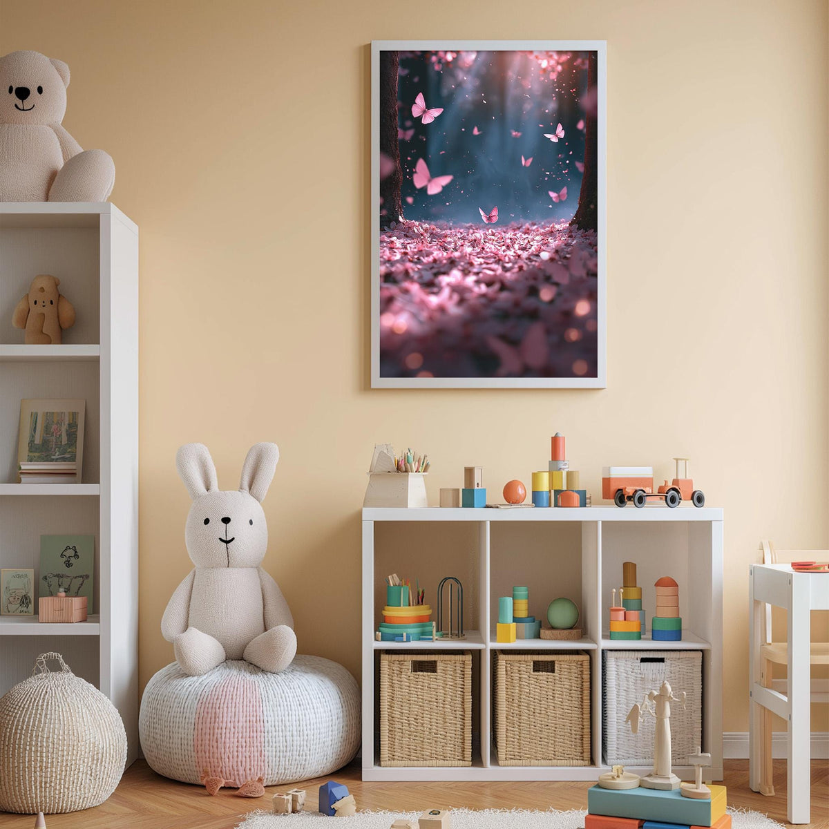 A cozy and colorful children's bedroom with a large stuffed bunny, a bookshelf, and a toy chest filled with toys. The walls are painted a light peach color, and a framed picture of a butterfly garden hangs above the bookshelf.