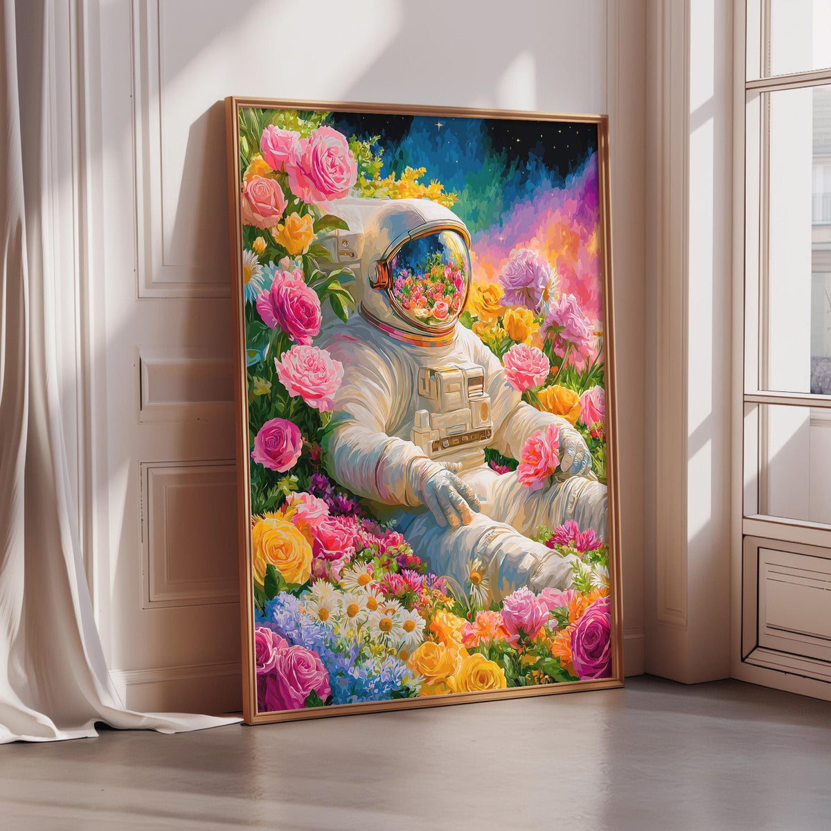 The image is a vibrant painting depicting an astronaut floating in a colorful garden filled with flowers and plants.
