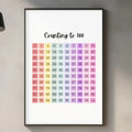 a kitchen counter with various items such as a cutting board, a soap dispenser, and a potted plant. Above the counter, there is a framed poster or print that displays the counting sequence from 1 to 100, with each number represented by a different color.