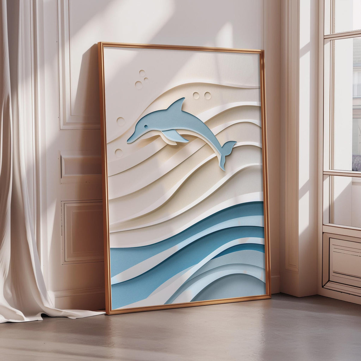 a framed artwork depicting a dolphin jumping out of the water, with a wavy background.