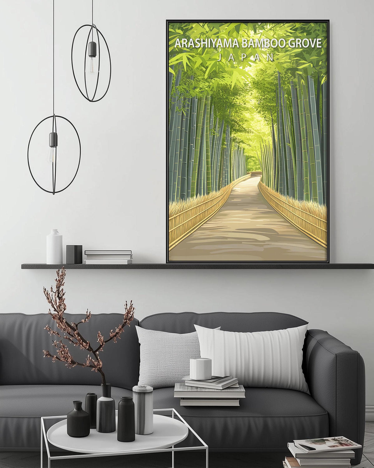 a living room with a gray sofa, a coffee table, and a large framed poster of a bamboo forest hanging on the wall.