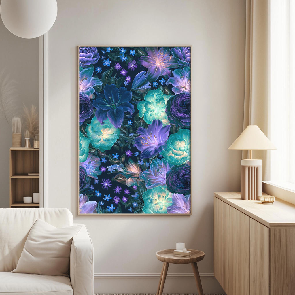 a large, vibrant floral print hanging on a wall in a living room.