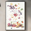 a kitchen counter with various kitchen items, including a wine glass, a cutting board, and a plant. Above the counter, there is a framed print depicting a collage of food items, such as grapes, cheese, and a bowl of fruit.