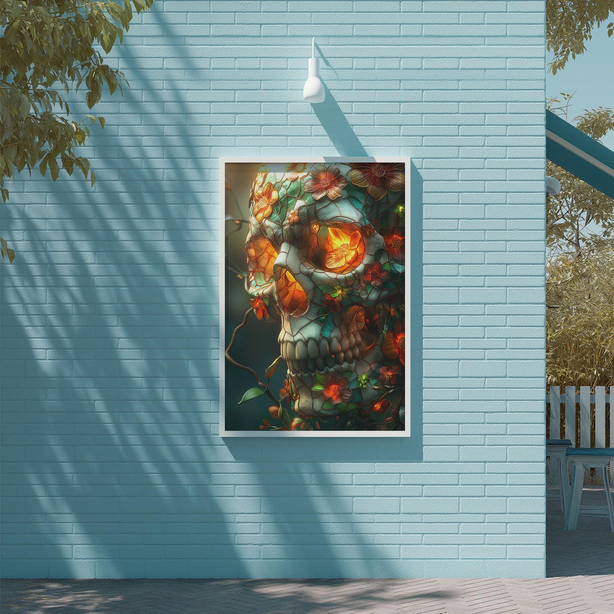 a large, colorful painting of a skull with flowers and leaves adorning its face, displayed on a blue brick wall.