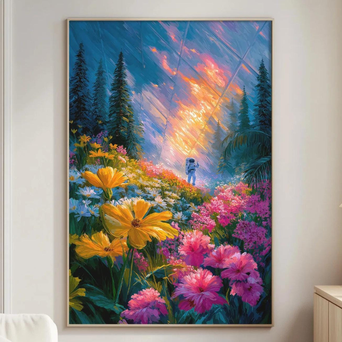 a large, colorful painting of a vibrant garden scene hanging on a wall in a living room.